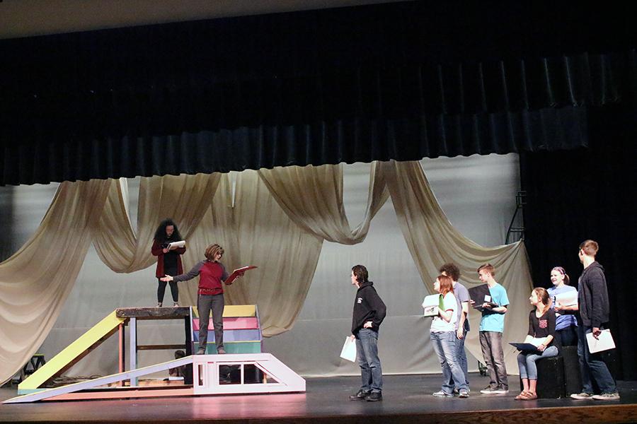 Thespian sponsor Linda Uthoff gives junior Wesley Danielson and senior Savannah Smith tips and blocking for one of the main scenes for “The Tempest” between Danielson’s character Alonso and Smith’s character Prospera.