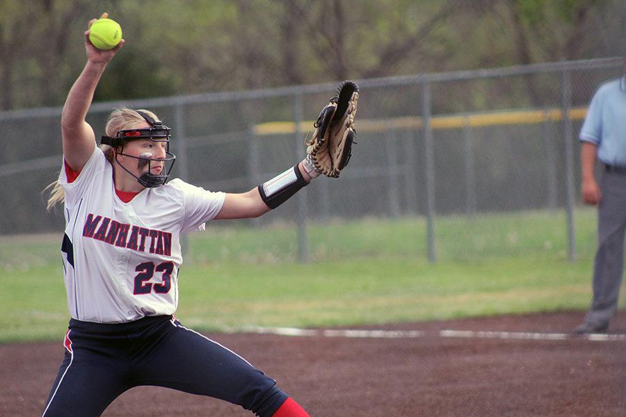 Pitcing to a Highland Park batter, junior Chelsey Henry strikes out the opponent. At Anneberg Twin Oaks field, the Indians mercy ruled Highland.