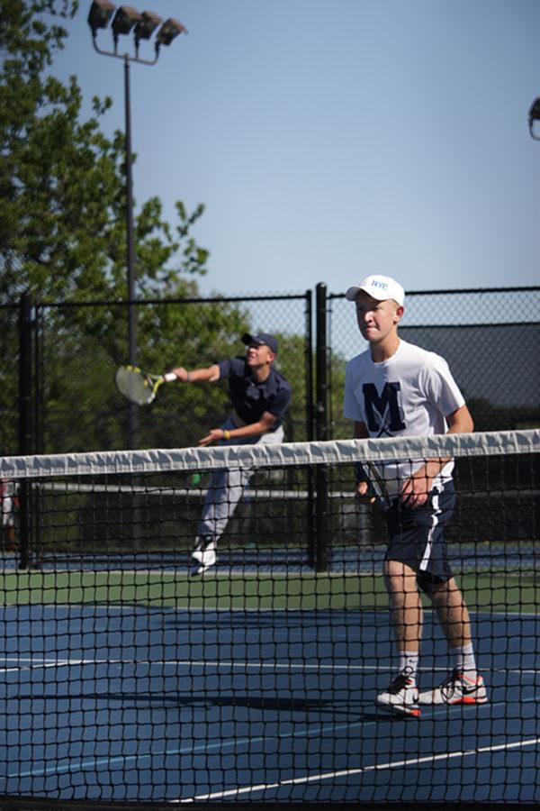 First love, senior Collin Queal serve the first ball to start the second set tiebreaker while senior Kirkland Lambert prepares to hit the ball. The two lasted through a two hour long match for the semifinals against Blue Valley North West' Jonathon Lowe and Arvind Rachuraman. The two lost match in a three set tiebreaker, 4-6, 6-2, 7-5. 