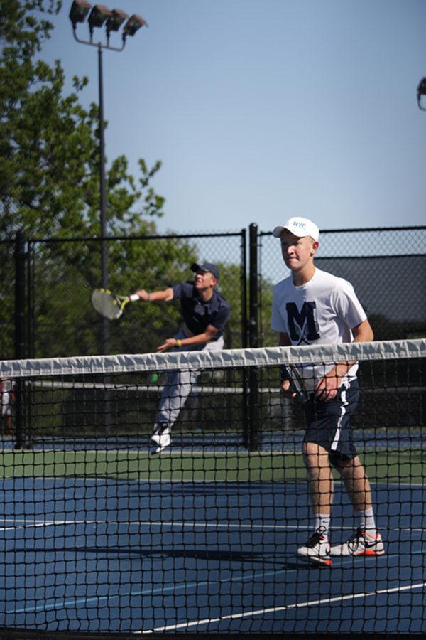 First love, senior Collin Queal serve the first ball to start the second set tiebreaker while senior Kirkland Lambert prepares to hit the ball. The two lasted through a two hour long match for the semifinals against Blue Valley North West Jonathon Lowe and Arvind Rachuraman. The two lost match in a three set tiebreaker, 4-6, 6-2, 7-5. 