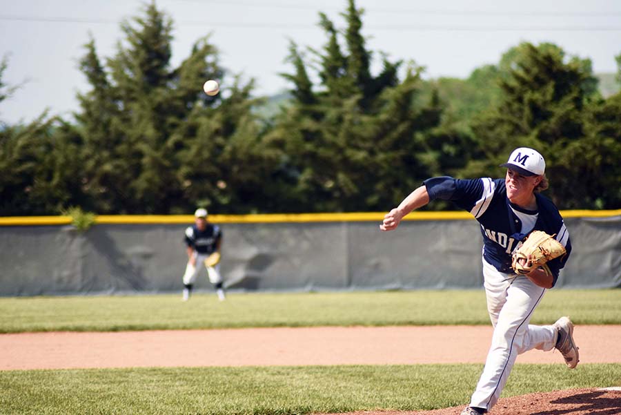 Bringing the heat. Senior Nicholas Wohler pitches the ball to a Junction City hitter. He pitched seven innings throwing three strikeouts.