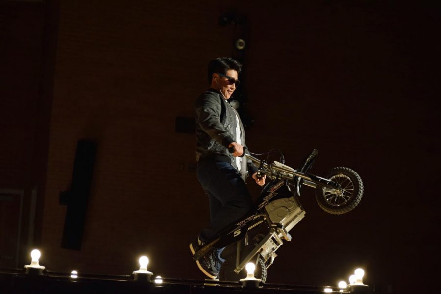 Popping a wheeling, senior Ben Choi presents his evening wear during the Mrs. MHS pageant competition. Choi impersonated hit movie 'Baby Driver' for his evening wear and reinacted popular game 'Mario Brothers' for his talent portion. The 33rd annual competition featured 10 different competitors, with three different prizes.