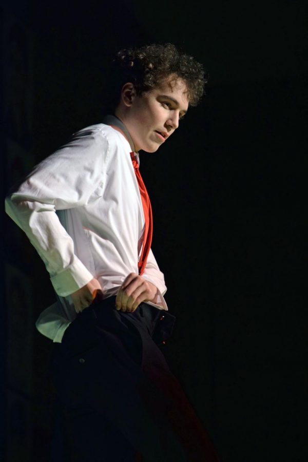 Senior, Noah Shirk performes his talent competition during the 33rd annual MR. MHS pageant competition. Shirk's unique talent was a reverse strip-tease. Other talents from his 9 compeitors included synchronized swimming and stand-up comedy.