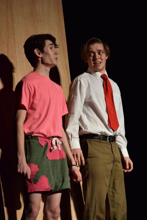 Seniors, Faolan Benco and Sam Clark perform a scene during the talent portion of the Mr. MHS pageant competition. Each competitor participated in an evening wear, talent show and swimwear events. Out of the 10 competitiors, Clark took home the title of Mr. Congeniality.
