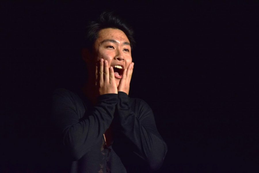 Senior Ben Choi shows off his "Scream" face, during his swim wear portion of the annual Mr. MHS competition. The competition had three categories: evening wear, talent and swim wear. 