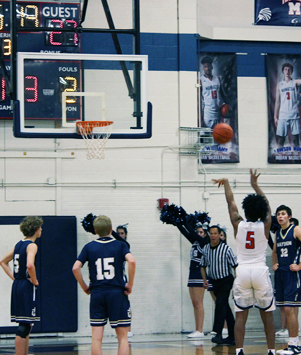 Junior Raeshon Riddick shoots a free throw during the varsity boys basketball game against Hayden. The indians lost 44-47 at home last Friday. 