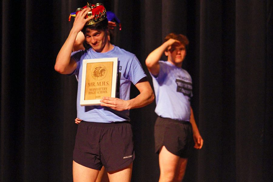 Senior Max Landsdowne takes one last nod towards the audience after winning the 2019 Mr. MHS competition. Landsdowne performed a dance routine on a pogo stick for his talent portion of the competition, other talented acts included senior Cale Gosss magic and the musical stylings of senior Parker Wilson on the piano. 