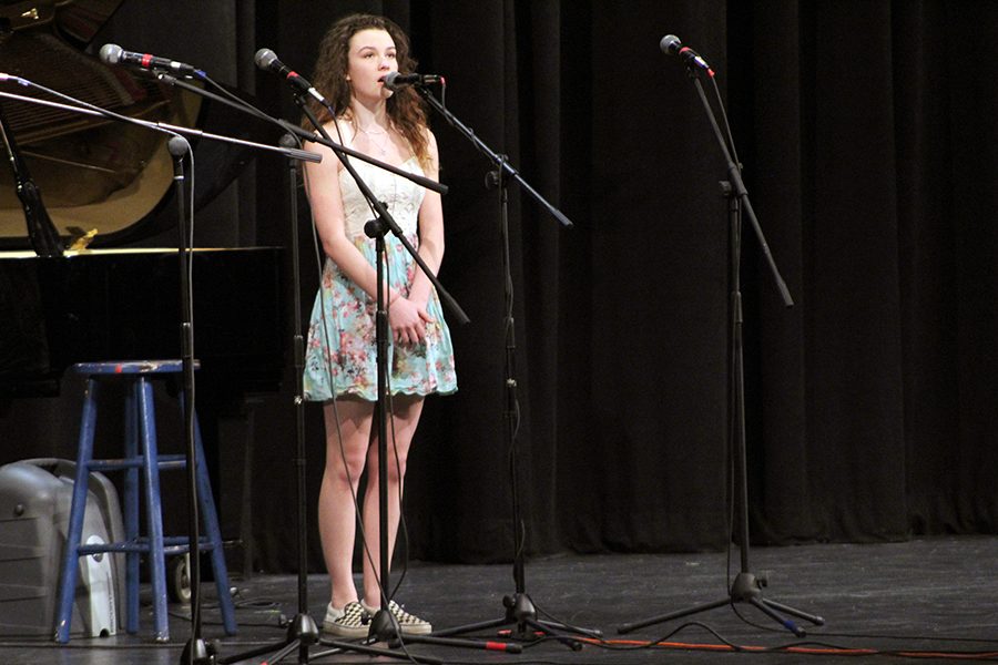 Junior Tiffany Huser performs Love of My Life during the MHS serenade concert on Jan. 24 in Rezac Auditorium. The concert allowed choir students to perform in group or solo acts to demonstrate their talents.