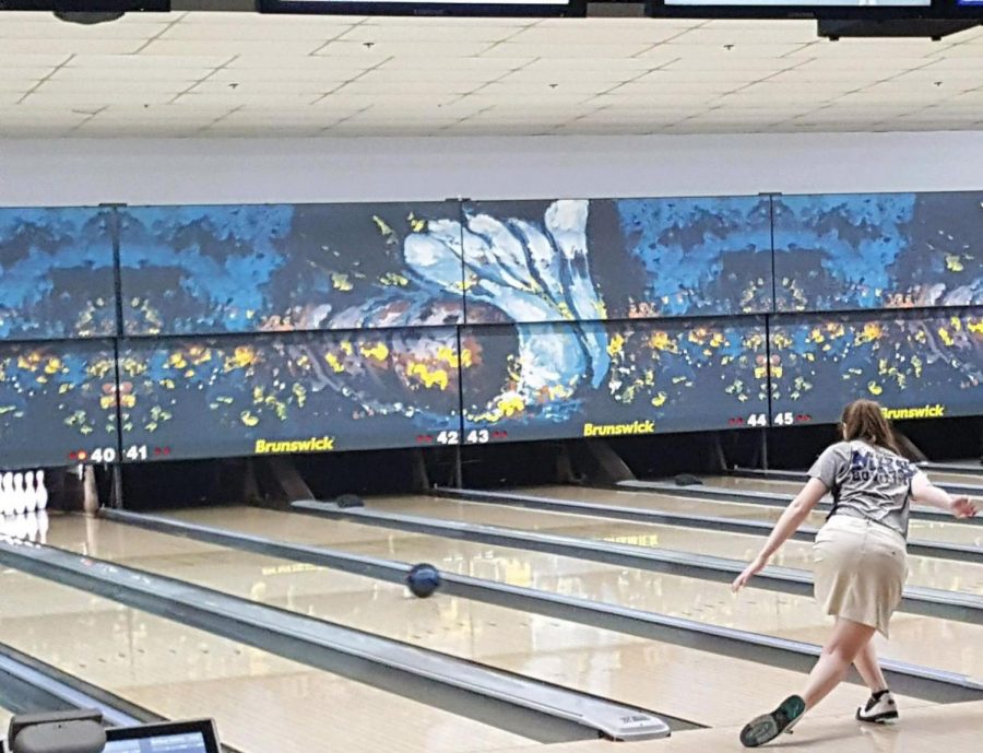 Sophomore Ashlyn Dechant finishes bowling a frame at State. Dechant finished in the top 30 individuals at State with a 493 series. 