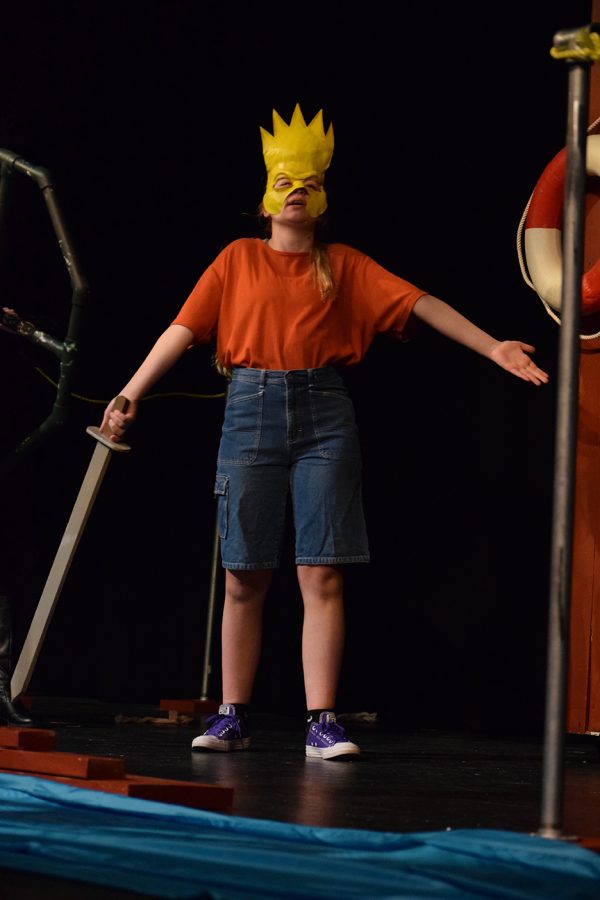 Senior Kate Washburn performs a monologue during the final reheasal of Mr. Burns, a Post-Electric Play. 