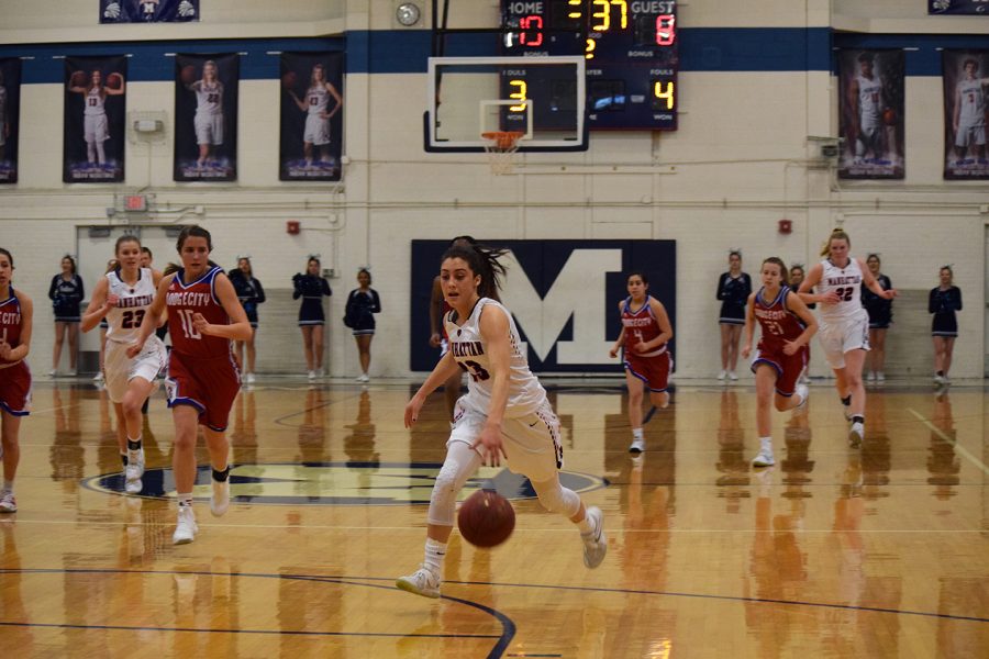 Senior Haileigh Harper dribbles down the court during the varsity sub-state basketball game. The Lady Indians won the game against Dodge City 54-36, their last home game of the year.