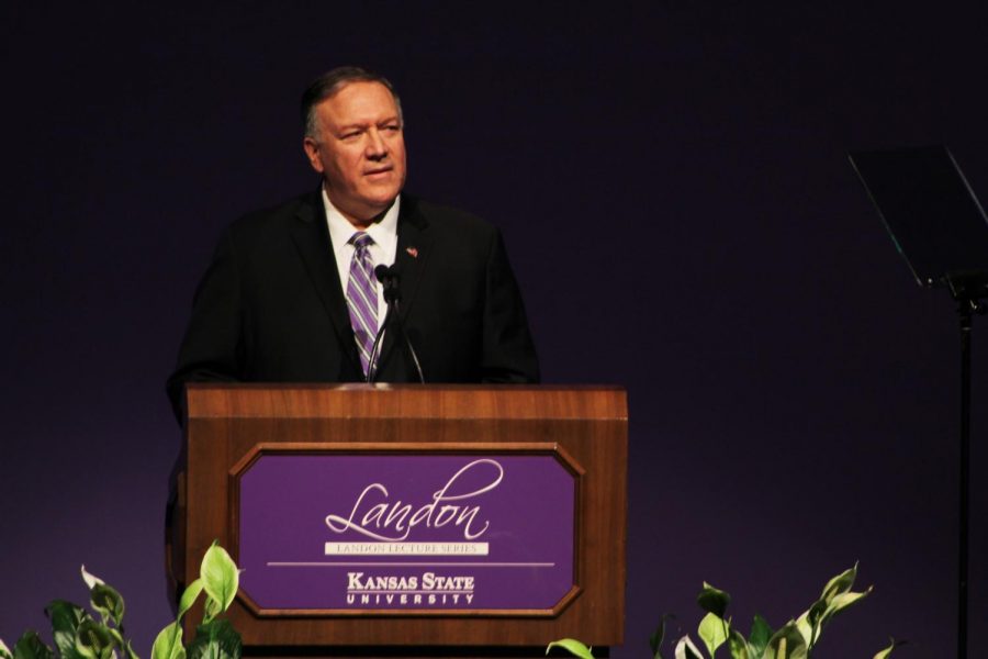 Mike Pompeo speaks to a group at Kansas State University on Saturday afternoon. Pompeo came to Kansas State to discuss the current political environment surrounding the upcoming election season.