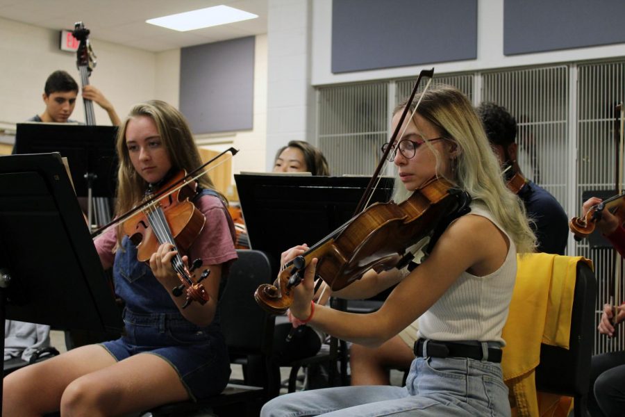 Seniors+Grace+Hart+and+Liz+Efken+practice+their+Shostakovich+piece+with+their+violas+as+they+wait+for+director+Nate+McClendon+to+arrive+for+class.+The+orchestra+began+rehearsing+earlier+in+the+week+in+preparation+for+the+day+when+they+must+play+it+completely+by+memory.