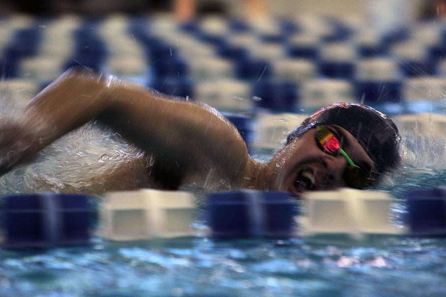 Senior Egan Dritz swims free style at the Topeka Invitational.