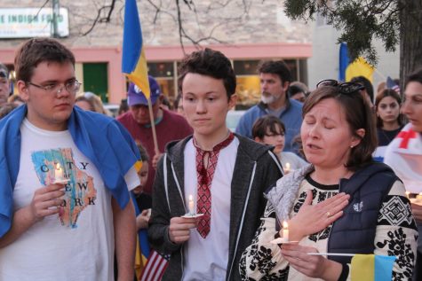 The Manhattan community gathers at Triangle Park for an event called We Stand with Ukraine.