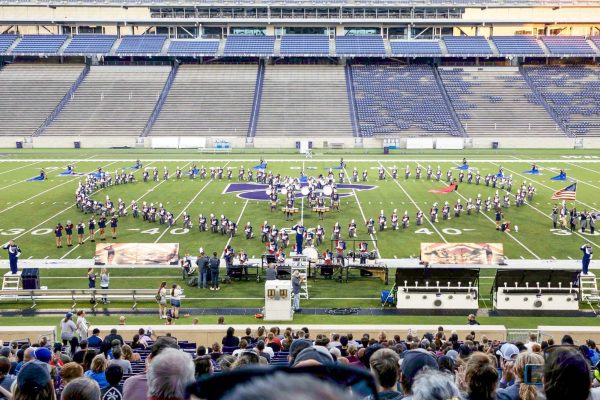 Hearts for vets The Big Blue Marching Band forms a heart to honor United States veterans, toward the end of their performance at the Central States Marching Festival at Bill Snyder Family Stadium on Oct. 4.