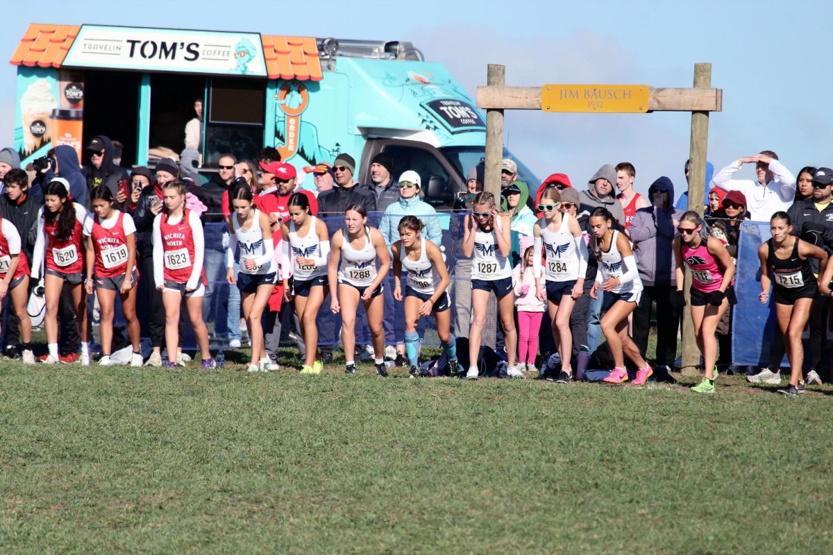 On your Marks, Get set... Manhattan Varsity girls lining up to start their last race of the season. All the Manhattan girls did well getting first place at state.
