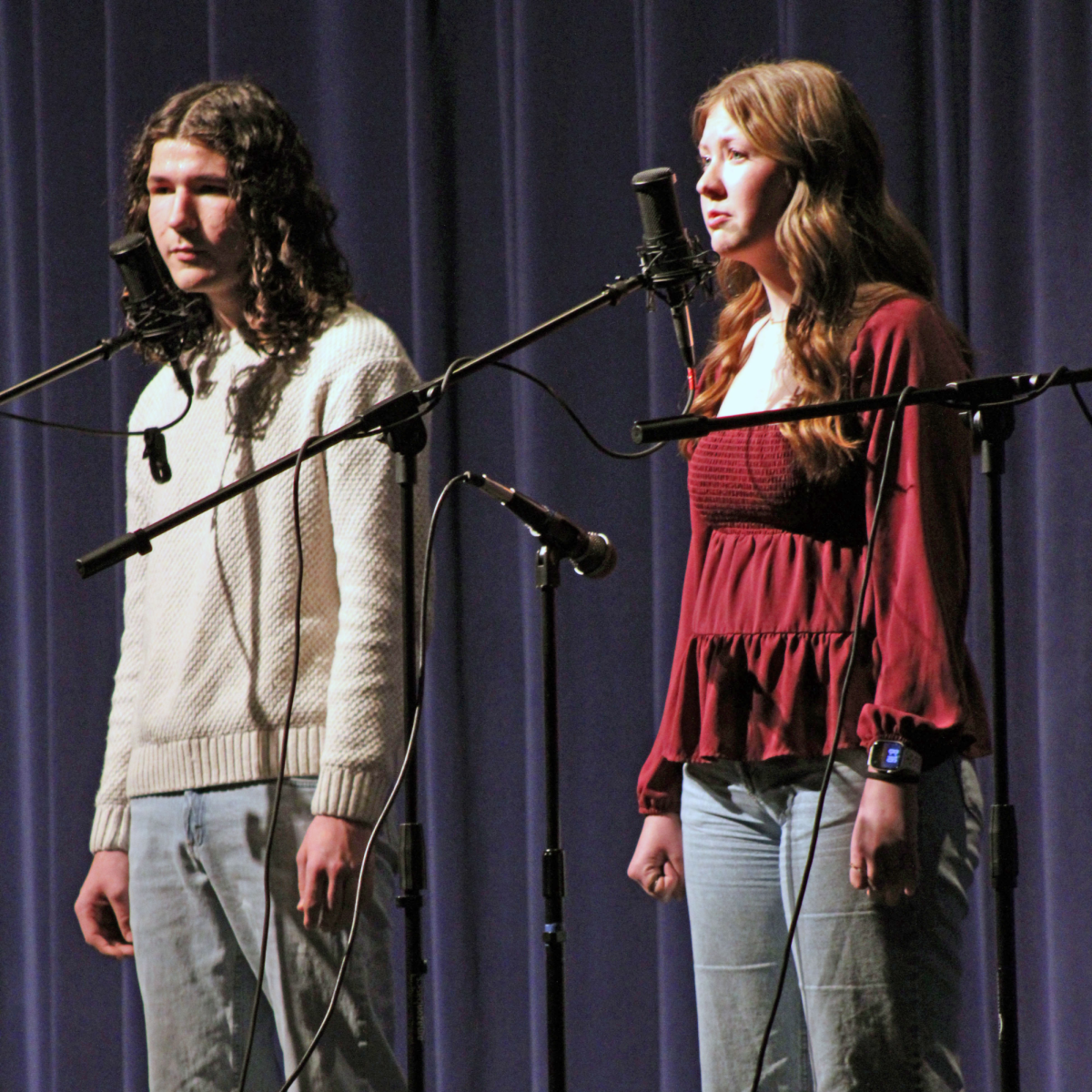 Duets. During the MHS Choir Serenade concert, junior Jaxon Velasco and junior Kinsley Paine are singind a song together. Serenade is an event held by MHS Choirs and Choir teacher Chad Pape that was held in the MHS Auditorium Rezac.
