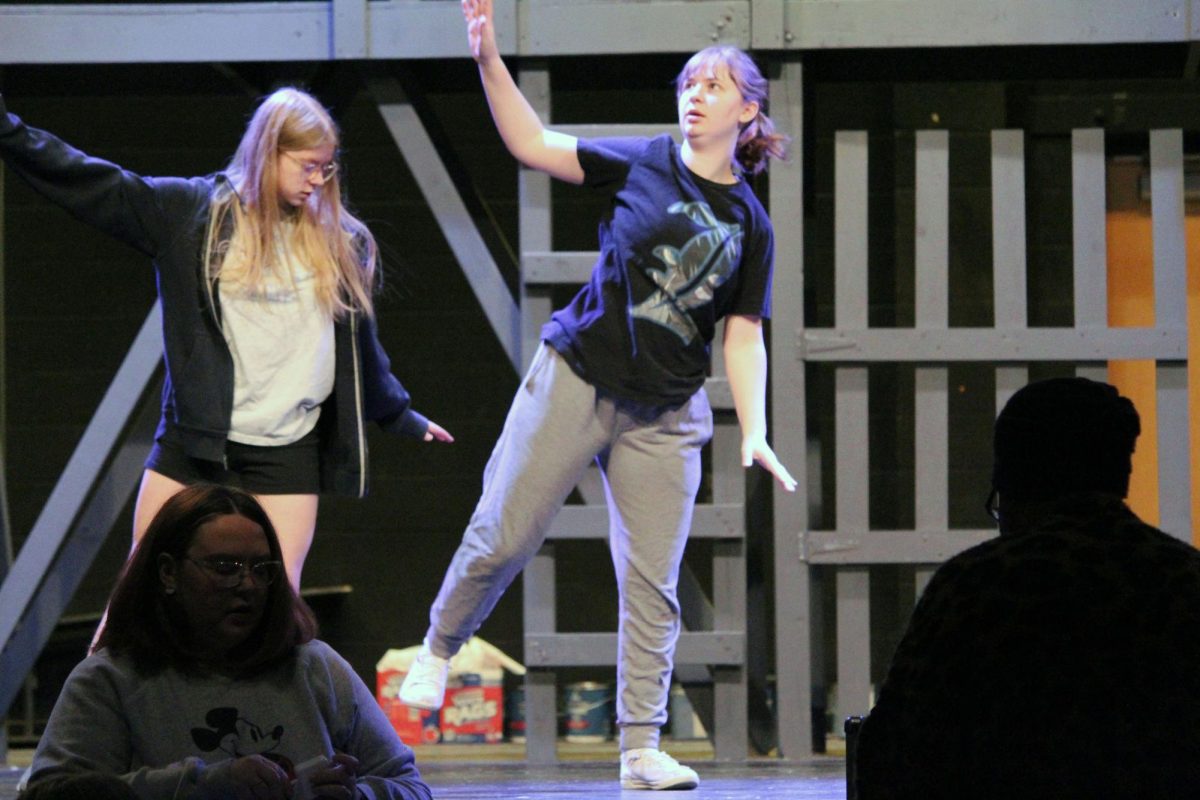 Put on your dancing shoes. Senior Alia Ulmer and senior Alex Ruhl review the choreography together for the MHS Spring Musical Newsies. This rehearsal was on Feb. 28, and the performances will be on March 6, 7 and 8 in the Rezac Auditorium. 