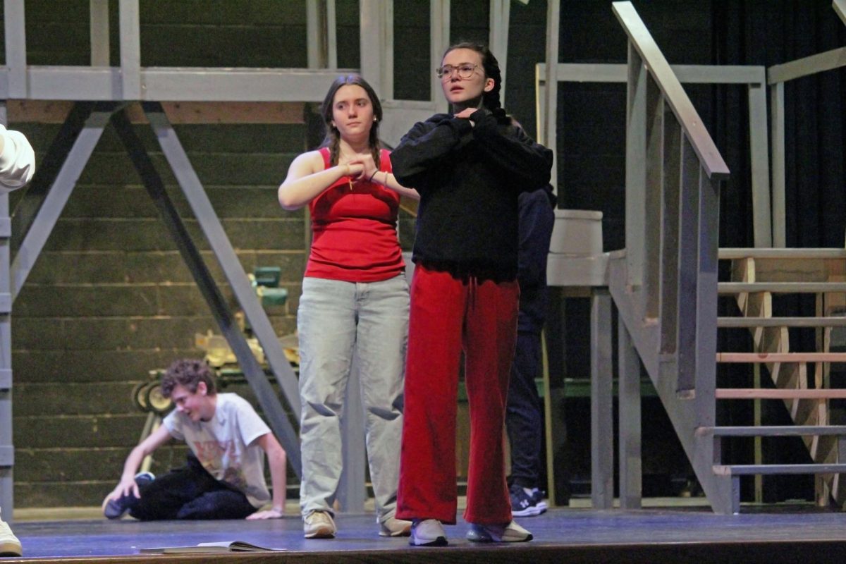 Solider stance. During one of the Musical Tech Days, junior Alexis Toews rehearses the choreography for one of the scenes she had missed from being absent from the previous practice. The rehearsals are all leading up to the main event, which is the MHS Spring Musical Newsies. The students will be performing this on March 6, 7 and 8.