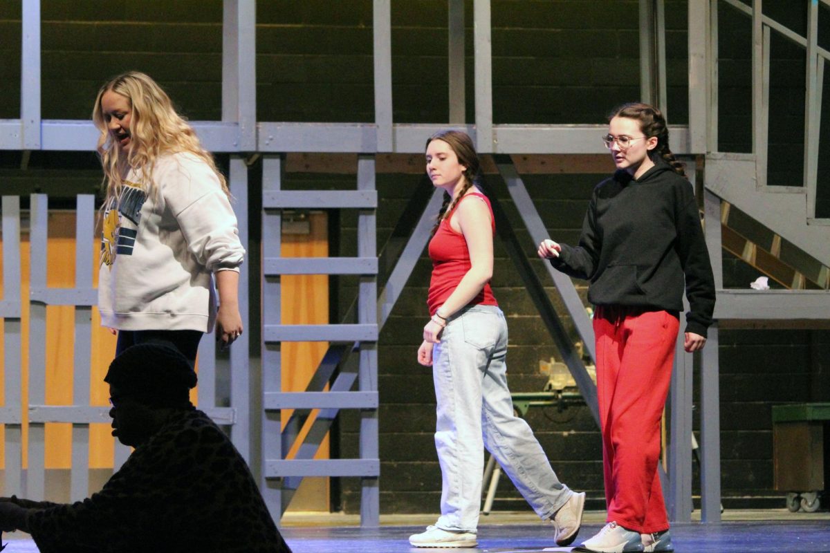Steps. Junior Alexis Toews reviews the choreography with the dance teacher and fellow actors before the MHS Spring Musical Tech Day begins. The Tech Day ran on Feb. 28, in the Rezac Auditorium. 