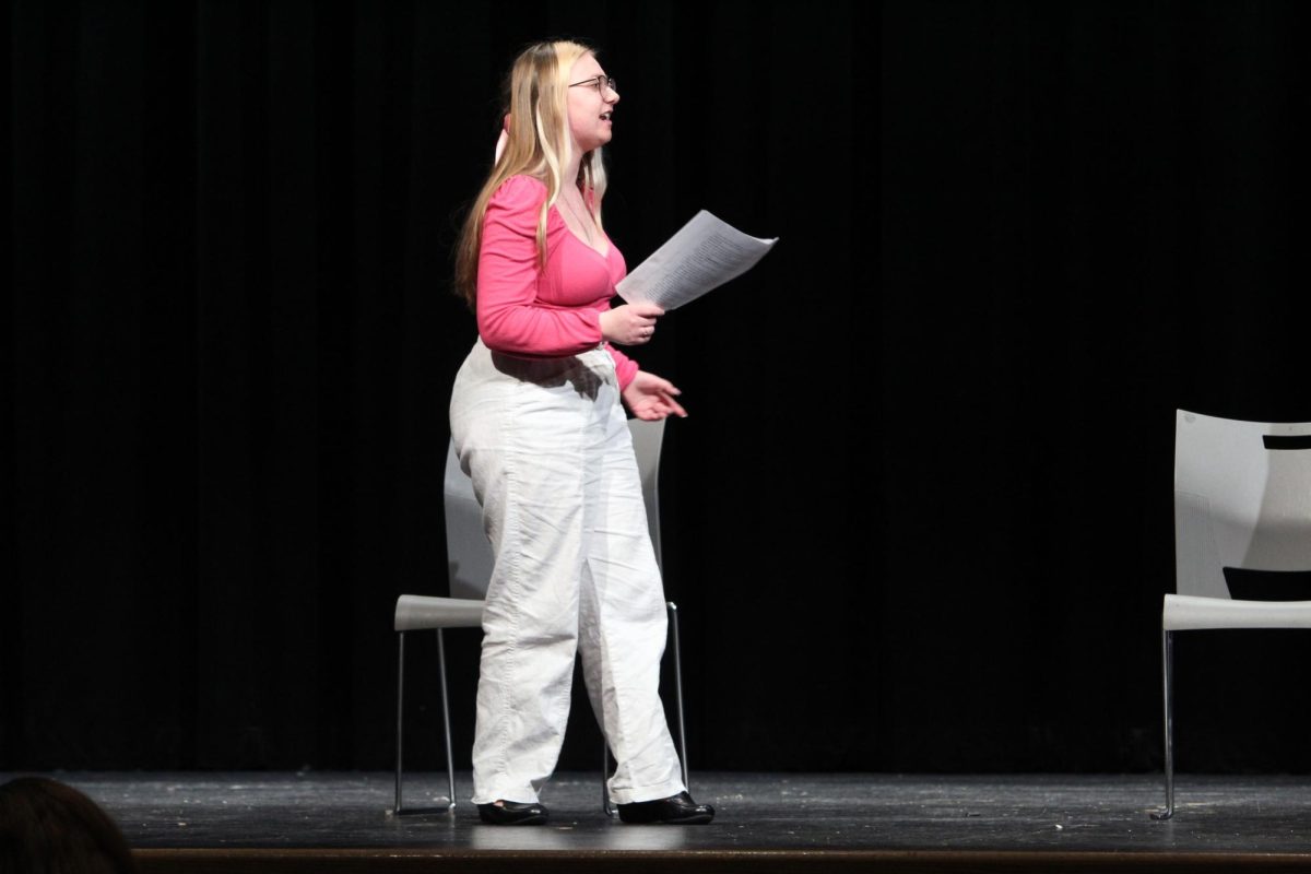 Scenes and scripts. Senior Bonnie Crouch performs an emotion-packed scene from the upcoming script of the play Proofs, for the spring play auditions. The auditions were held in Rezac Auditorium on Mar. 24, as well as the callbacks for a few of the actors who had auditioned, which were on the next day, Mar. 25.
