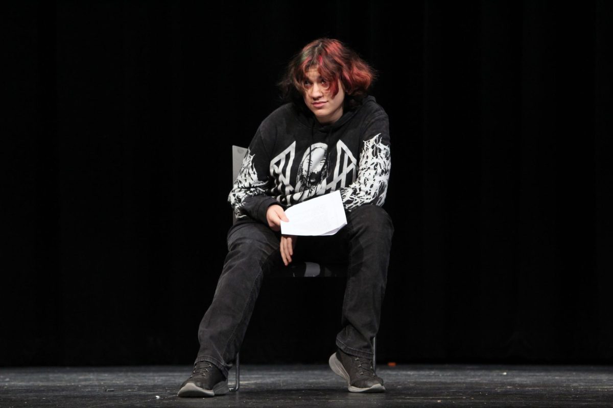 Pose and watch. Sophomore Atlas Martin Auditions for a role in the next play for the spring season called Proofs. These auditions were held in Rezac Auditorium on Mar. 24, where students of all grades fill out the sign-up sheet and act their hearts out for the judge of their auditions, drama teacher Ginny Pape.