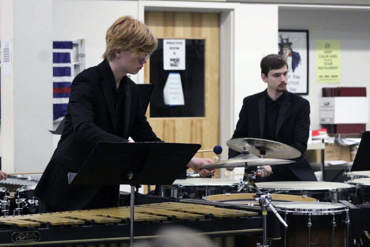 One last time. Senior Jack Dunning and senior ben Pittman play for the last time at the Regionals Solo & Ensemble contest with two others. This crew of percussion seniors got a division 1 rating by the judge, which is the highest rating you can get at this contest, which was at MHS on Apr. 11. If you get a 1, you can move on to the State Solo & Ensemble contest at Washburn University.