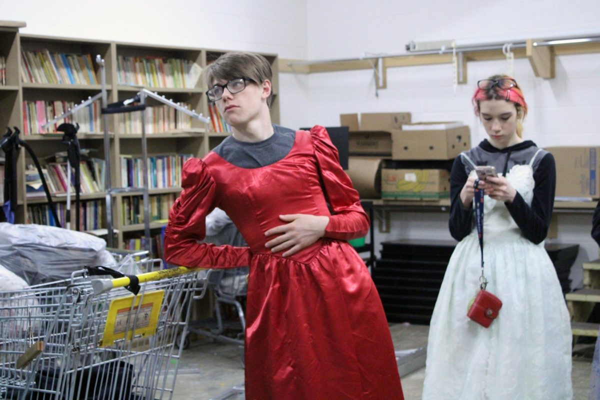 Photogenic queen. Junior Billy Koeppy struts his stuff while helping the costumes department for the spring play. The spring play for this year is called Proof, where an old mathematician, his daughters, and the male love interest fight about who made the math proofs. The tech day was on Apr. 26.