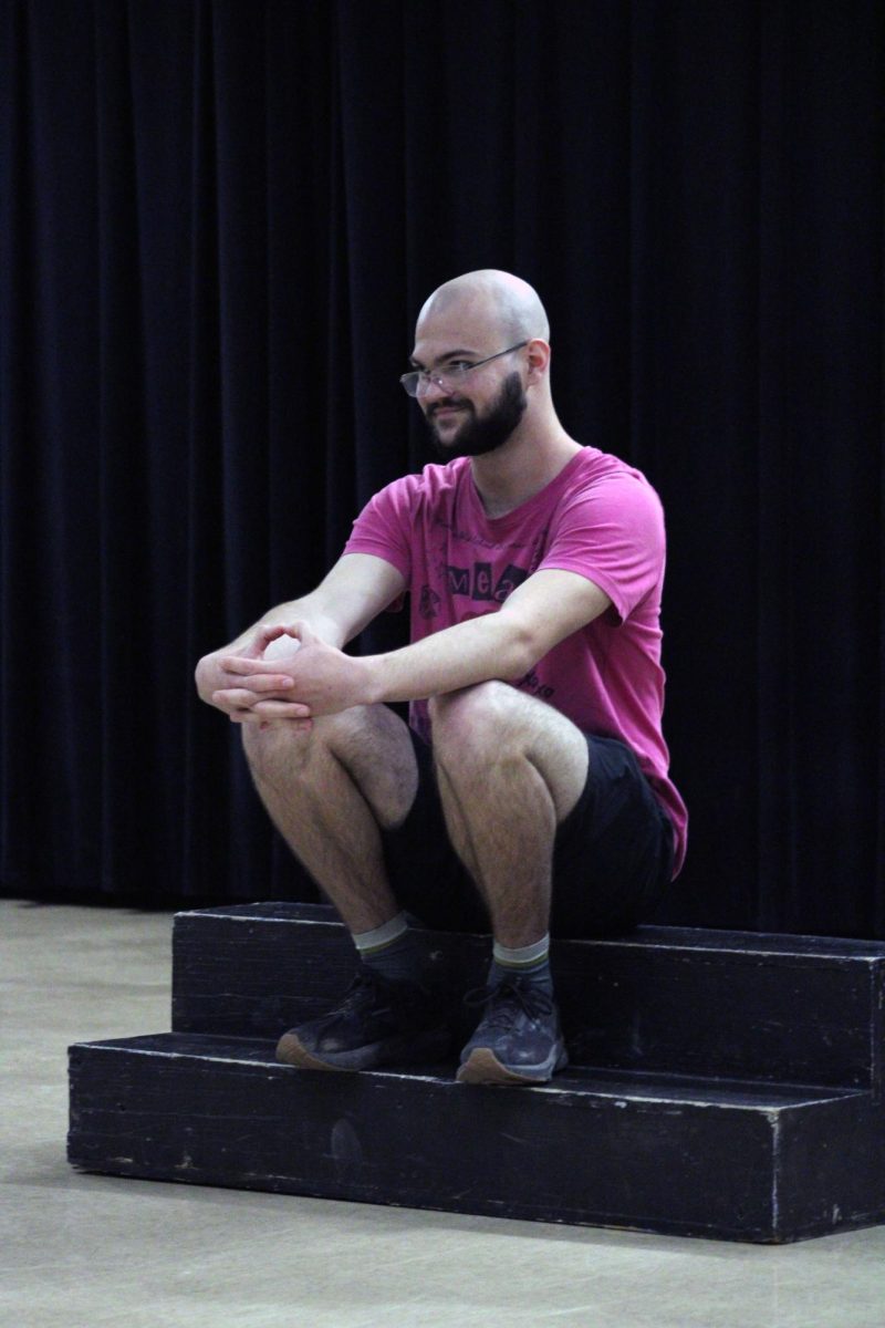 Funny faces. Senior Silas Mire awaits his fellow actors during the MHS Spring Play tech day on Apr. 26. Mire plays the role of the old mathematician with dementia who is a father to two girls. The play that these characters are a part of is called Proofs, where they try and figure out who made the next big mathematical proof, the mathematician father, or someone else?