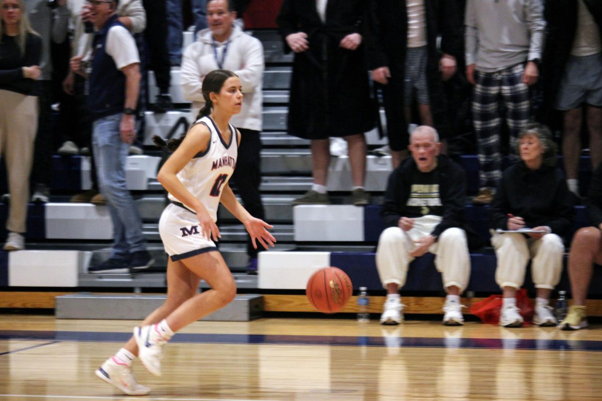 Dribbling Junior Avery Ingram gets the ball and runs down to the other side of the court at the home game against Topeka High on Feb 13.