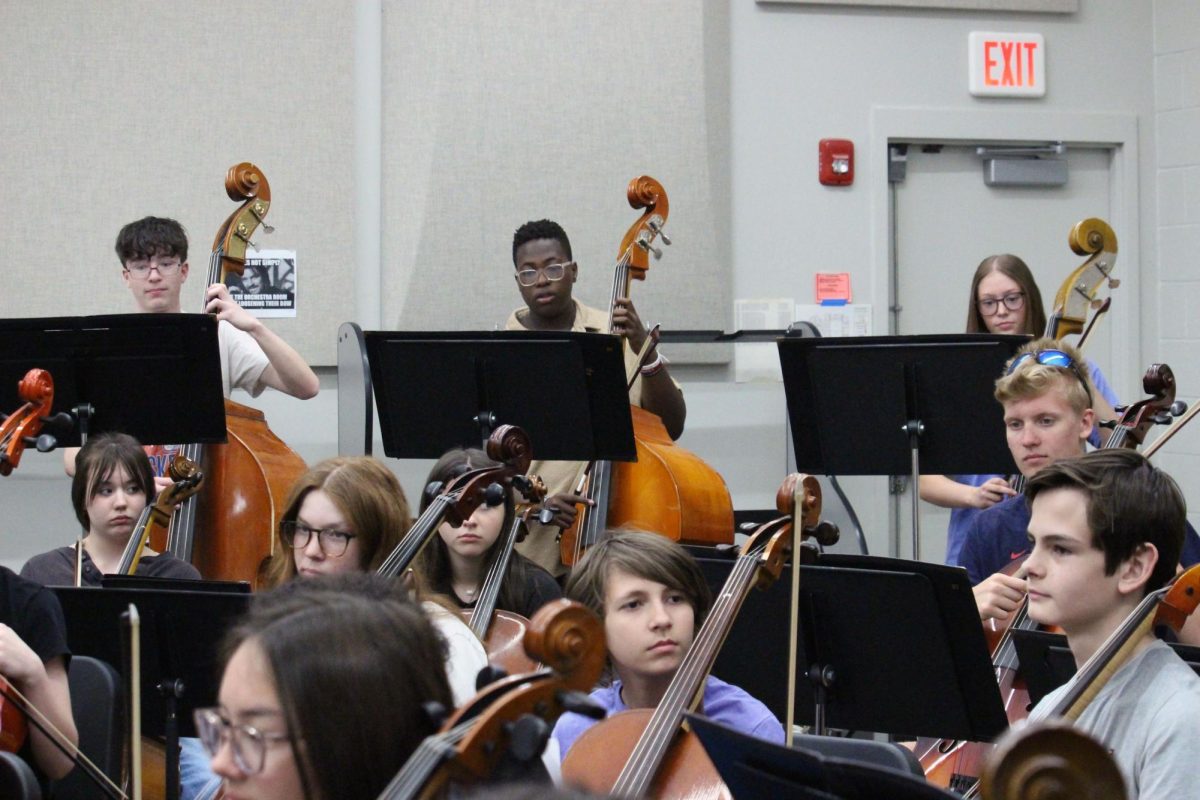 Basses in the back. The smallest section with the largest instruments holds up the back of the orchestra at the Manhattan High School visit to Anthony Middle School. Only one bass from MHS bass player, sophomore Johnathan Brown (most left) next to two middle schoolers who Brown hopes will join him in the Symphonic Orchestra at the High School when they reach the high school. This event was on Mar. 31.